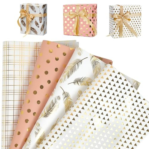 KNJOMZIE 8 hojas de papel de regalo de 50 x 70 cm, juego de papel de regalo de cumpleaños para niños, boda, Navidad, color blanco y dorado