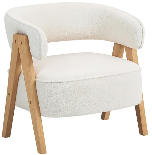 HOMCOM Butaca de Salón Tapizada en Borreguito, Sillón de Lectura Acolchado Grueso y Moderno, Asiento Ancho, Patas de Madera, Respaldo Curvado, para Dormitorio, Oficina, Blanco