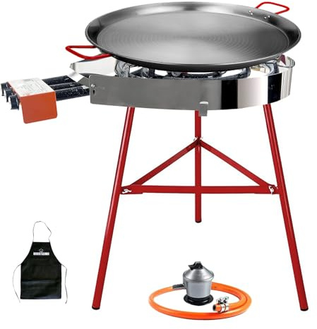 Bricolemar Kit paellero gas 50 cm con paellera 60 cm y soporte reforzado – set completo con paravientos Premium KABRA, regulador y manguera para paellas hasta 20 personas