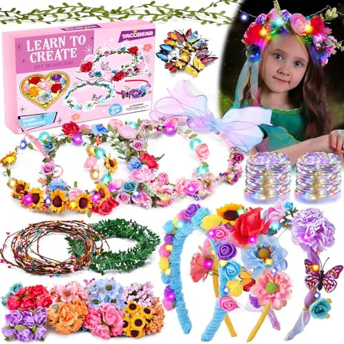 Tacobear LED Blumenkranz Haare Bastelset Kinder 13 DIY Haarband Haarreif Blumen Kronen Blumengirlande Haarschmuck Selber Machen Haarkranz Kindergeburtstag Basteln Geschenk Mädchen 6 7 8 9 10+ Jahre