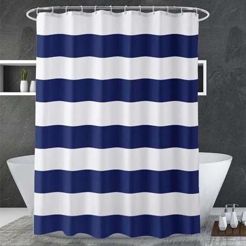 Duschvorhang, Marineblau, gestreift, blau, weiß, Duschvorhang, Stoff, Duschvorhang für Badezimmer, wasserdicht, Heimbad-Dekoration, 175 x 200 cm (68,9 x 78,74 Zoll)