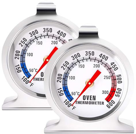 DUTTY Oven Thermometers Large Dial Oven Grill Monitoring Cooking Thermometer with Dual-Scale 50-300°C/100-600°F for BBQ Baking, Hooks or Stands Alone Thermometers Durable Steel 2pcs