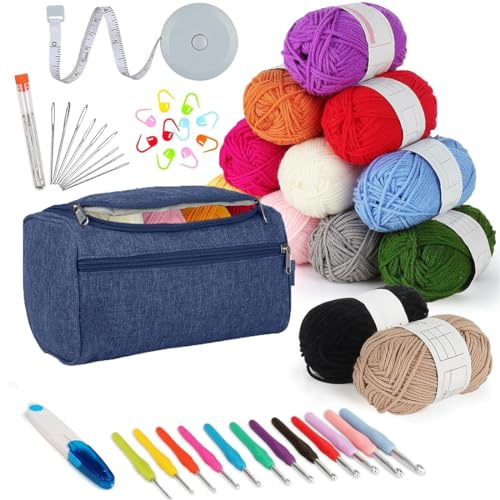 YOYEAH Set di 46 uncinetti per principianti con 12 colori, set di uncinetti ergonomici da 2 a 8 mm, blu navy e accessori, set di ganci per lavorare a maglia e all'uncinetto