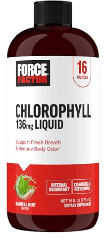 FORCE FACTOR Chlorophyll Liquid Body Deodorizing Supplement, Freshens Breath and Body Naturally, Made with No Artificial Sweeteners or Colors, Non-GMO, Natural Mint Flavor, 16 oz.