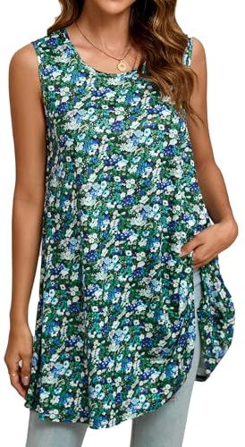 Enmain Vest Tops for Women UK Ladies Sleeveless Tunics Green Flower Long Summer Tank Tops for Leggings Loose Casual Blouses Stretchy XL