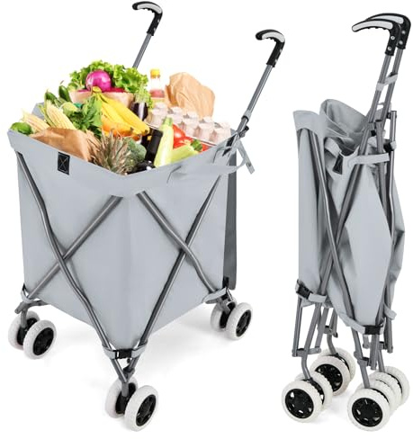 COSTWAY Chariot de Courses Pliable 90 L Sac Oxford Amovible Impermeable et 2 Roues Freinage, Caddie Marché Structure en Acier en Forme de X, Charge 54 kg (Gris)