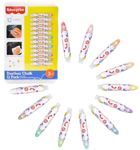 Fisher-Price™ Dustless Chalk Set - 12 Bright Colors with Adjustable Holders, Portable Storage Case, Washable Art Supplies, Safe & Non-Toxic, Draw on Chalkboards, Sidewalks, and Paper