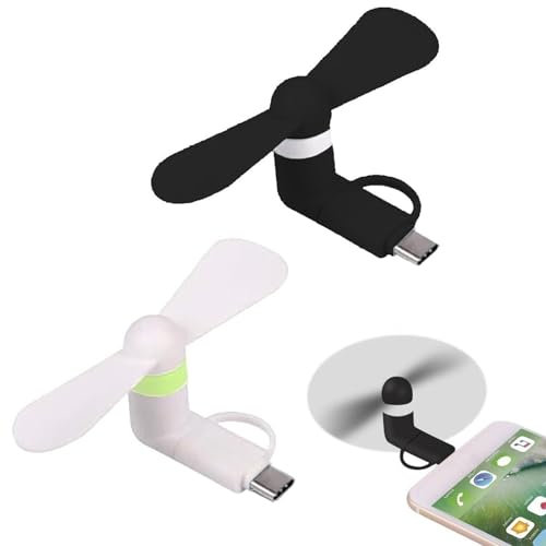 2 Piezas 2 en 1 Mini Ventilador USB,Ventiladores de Teléfono Mini Portátil USB,Ventilador Portátil para Teléfono Móvil,Ventiladores Portátiles Y Flexibles para Teléfono Type-C y Android,Negro+ Blanco