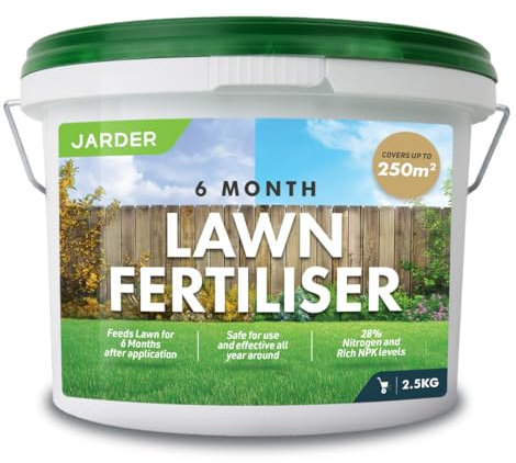 Jarder 6 Month NPK Lawn Fertiliser 2.5kg - Effects Last 6 Months - Can be Applied Any Time in the Year - 28% Rich Nitrogen Content - 100m2 Coverage