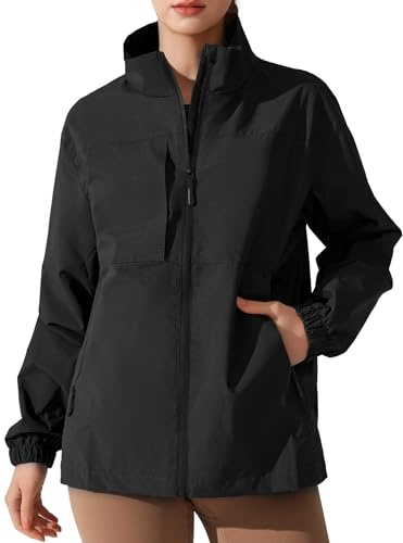 SEAUR Waterproof Windproof Women's Outdoor Sports Jacket with 4 Pockets Quick Dry Thin Lightweight Rain Jacket for Running Hiking Mountain Climbing Rain Gear for Women Black L