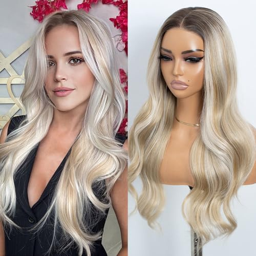 STYLE ICON blond vit lång vågig syntetisk peruk för kvinnor, 60 cm, förskuren mittspets, spetsband med mörka hårrötter (10A/24S/24Y/1001G)