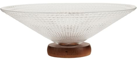 Cabilock Assiette à Fruits Verre Transparent sur Pied avec Fond Bois Plat Décoratif pour Fruits et Légumes Centre de Table pour Cuisine ou Salle à Manger