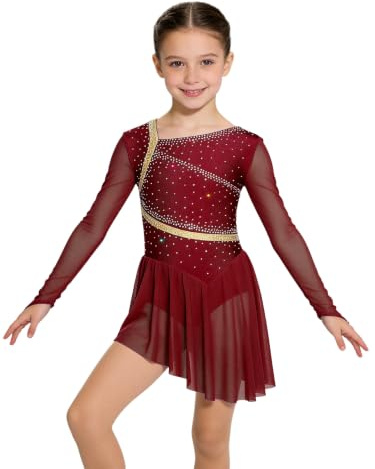 Oyolan Robe Patinage Fille Enfant Ado Tenue Patinage Artistique Manches Longues Strass Justaucorps Asymétrique Robe Danse Costume