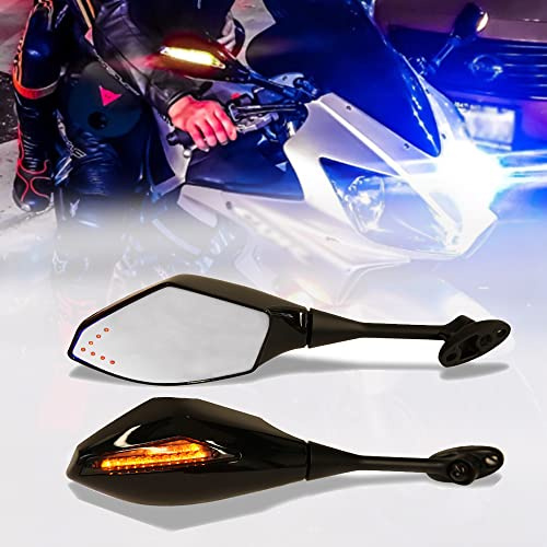 DREAMIZER Motorcycle Rear View Mirrors with Turn Signal Integrated Light Handlebar Mirror Compatible with CBR500RR CBR600RR CBR1000RR GSXR 600 750 - Yellow Arrow Light，Gloss Black