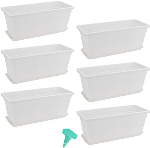 PINGEUI 6 Pack 43cm Plastic Window Box Planter, Rectangular Windowsill Planter Countryside Flower Box, Vegetable Growing Containers with Trays and 30 PCS Plant Labels, White
