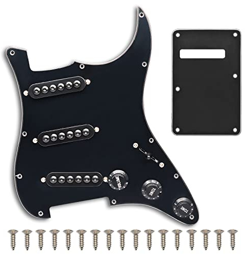 SAPHUE Prewired ST Pickguard Coil Pickups Adjustable Big Screws Loaded Electric Guitar Pickguard for Fender Strandard Straocaster Guitar Parts (SSS,Black)