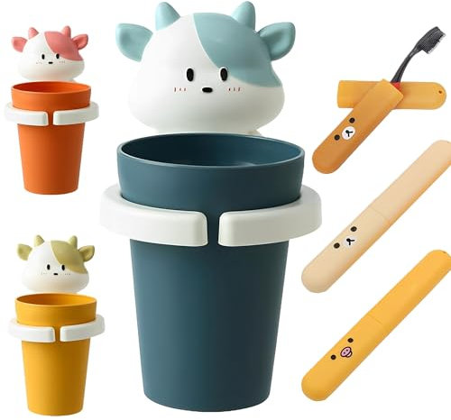 DXIA Toothbrush Holder, Kids Cartoon Animals Toothbrush Holder Wall Mounted, Calf Wash Cup Holder with 4 Portable Dust-Proof Travel Toothbrush Cover Storage, for Daily and Travel（Blue）