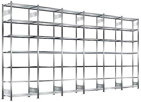 Steckregal, verzinkt, Breite 6 m, Höhe 3 m, Tiefe 0,8 m, 7 Böden, Fachlast 150 kg, beidseitig