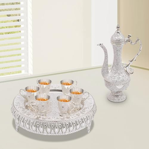 LUNICASHA Ensemble de théière turque vintage avec plateau et 6 verres à thé, verres à thé turcs, ornement pour la maison, argenté