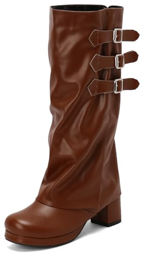 Diuniarza Tacco Medio a Blocco Punta Rotonda con Risvolto Donna Knee Stivali Side con Cerniera Plateau Moda Slouch Men Stivali Marrone Numero 45 EU/47 Asiatico