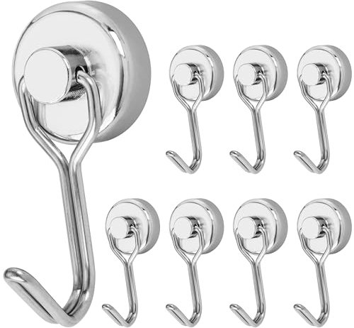 POPPSTAR Crochets magnétiques extra forts pivotants 8 pièces (15 kg force d'adhérence, longueur 4,3 cm diamètre 2 cm) aimants en néodyme, argenté