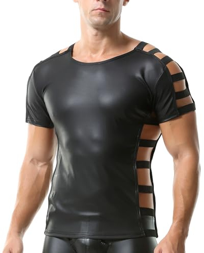 Men's Faux Leather Vest Tank Top Shirt Sleeveless Shirt Wet Look Undershirt Round Neck Shirt Nightwear Vest