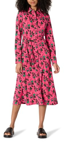 Amazon Essentials Women's Regular Fit Long Sleeve Matte Jersey Collared Smart Midi Shirt Dress, Hot Pink Leafy Floral Ditsy, S