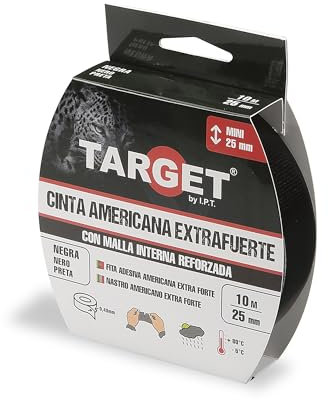 TARGET CTN1025N - Cinta Americana Extrafuerte Heavy Duty | Reforzada con malla, Hasta 0,43mm de grosor (NEGRO, 10M X 25mm)