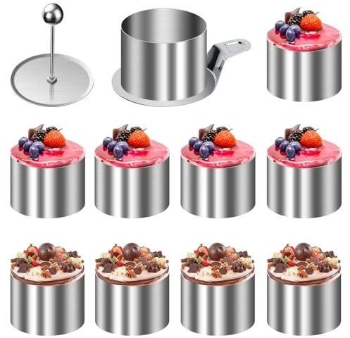 Idota Lot de 10 anneaux à dessert et anneaux alimentaires, ronds de 8 cm, en acier inoxydable, avec cric et presse-purée, petits anneaux de cuisson, pour gâteau mousse, gâteau, boule de riz, dessert