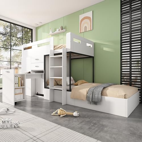 Moimhear Letto a castello con scrivania allungabile e armadio, letto a castello per bambini, con cassetto, ripiani e scale, senza materasso, 90 x 200 cm, bianco