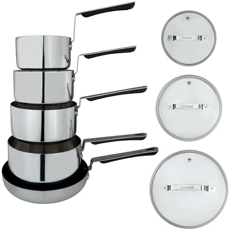 Commichef 5-Piece Cookware Set in Tri-Ply Stainless Steel, Includes 14cm, 16cm, 18cm, 20cm Saucepans with lids & 24cm Frying Pan, Stackable Design