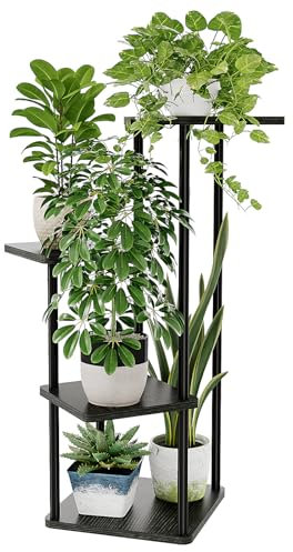 Bamworld Support d'angle pour plantes d'intérieur, étagère en métal à 4 niveaux pour plusieurs plantes, support de fleurs haut pour terrasse, jardin, balcon, salon, chambre à coucher (noir)