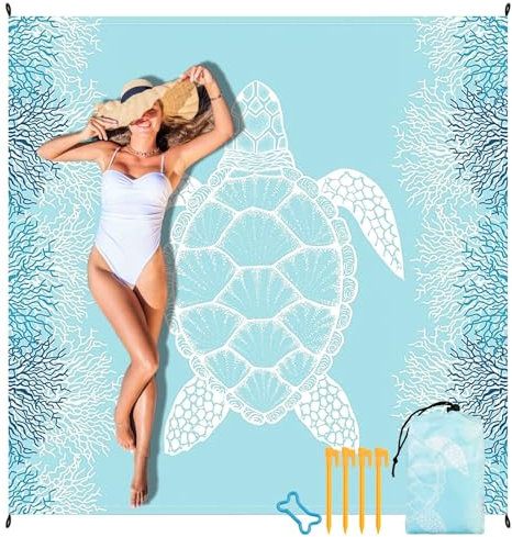 WEFHEF Manta de Playa 200 x 200cm, Manta para Pícnic con 4 Estacas, Gancho y Bolsa de Almacenamiento, Alfombra de Playa Impermeable y Antiarena, Portátil para Playa, Camping, Picnic (Tortuga-A)