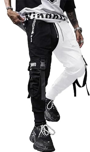 XYXIONGMAO Men's Jogger Pants Techwear Hip Hop Harem Pants Streetwear Tactical Training Pants, Black/White, M