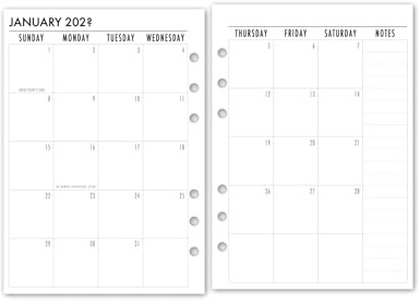 A5 Monthly Planner Refill, Month on 2 Pages Layout, 12-Month Calendar Insert, Dated View, Sunday Start, Compact or Deluxe, Academic or Standard Full Year