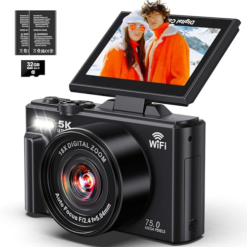 5K Digital Camera - WiFi 75MP Cameras for Photography - UHD Vlogging Camera for YouTube with 3 180° Flip Screen - Autofocus Compact Video Travel Camara with 18X Zoom, 32GB SD Card, 2 Batteries