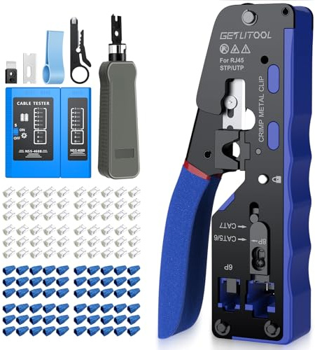 GETLITOOL Kit D'Outils de Sertissage RJ45 Pince à Sertir pour Réseau Ethernet,avec 60 Connecteurs Traversants RJ45/Cat5/Cat6/Cat6a/Cat7,60 Couvercles de Protection,Réseau Domestique DIY Bleu