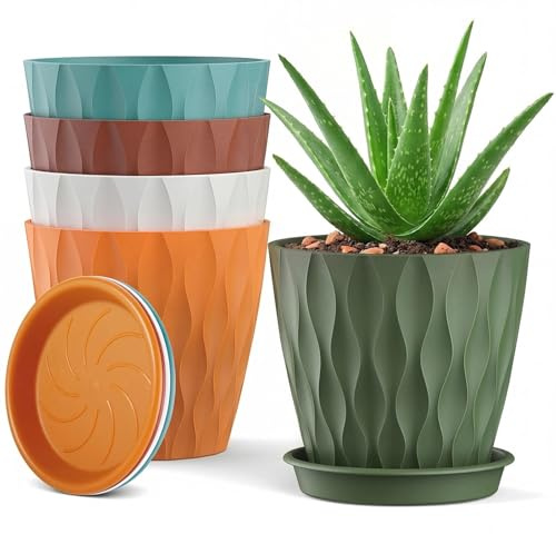 Dwitkul Set di 5 vasi da fiori con sistema di irrigazione 15,3 cm Vasi da fiori in plastica per interni e balconi, vaso da fiori con sottovaso (colorato)