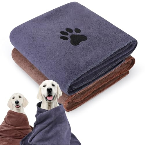 GSrenyu 2 Pack Extra Large Dog Towels, Absorbent Pet Towel 140 x 70cm | Soft Quick Drying Microfibre Dog Towels for Dog Cat Pet (Grey, Brown)