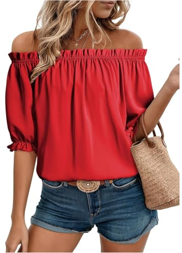 Off The Shoulder Puff Sleeve Peplum Tops for Women Blouses UK Ruffle Elastic Neck Casual Summer Tops for Ladies Going Out Flowy Relaxed Fit Lightweight Dressy Top for UK