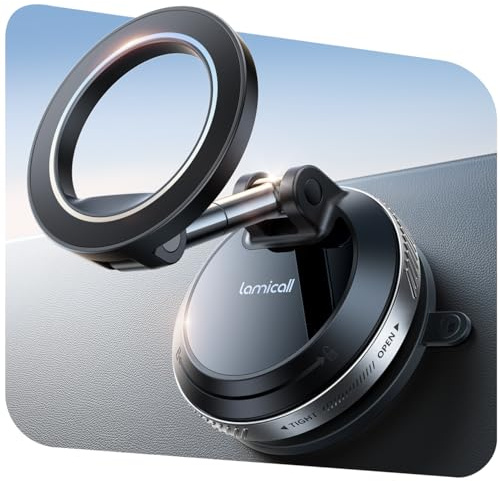 Lamicall Soporte Móvil Coche para MagSafe - [Ventosa de Vacío & Doble Plegado] 360° Rotación, Soporte Magnetico Coche para Salpicadero/Parabrisas, Soporte Coche para iPhone 17 16 15 y Otro Smartphone