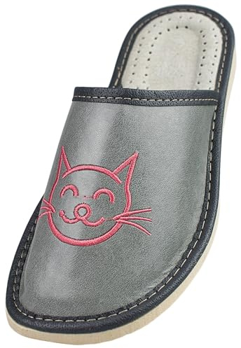 APREGGIO - Zapatillas de Cuero para Mujeres - Suela de Goma Maciza - Cómodas de Llevar - Suaves - Producto 100% Natural - Hechas a Mano (Gris-Rosa, 40)