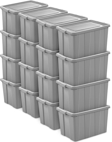 Sterilite Tuff1 30 Gallon Plastic Stackable Temperature and Impact Resilient Basement/Garage/Attic Storage Tote Container Bin with Lid, Gray (16 Pack)