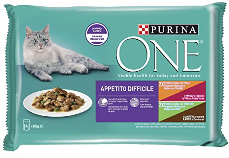 PURINA ONE Appetito Difficile Cibo Umido per Gatti Adulti Filettini con Pollo, Manzo e Fagiolini, Tacchino, Anatra e Carote 48 Buste da 85g