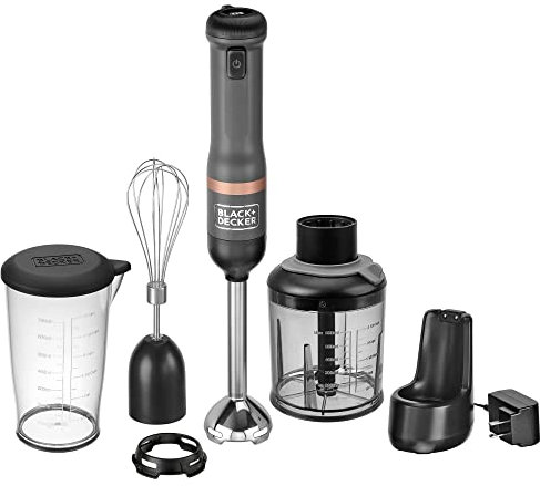 BLACK+DECKER Kitchen Wand Cordless Immersion Blender, 3 in 1 Multi Tool Set, Hand Blender with Charging Dock, Whisk, and Chopper, Grey (BCKM1013K01)