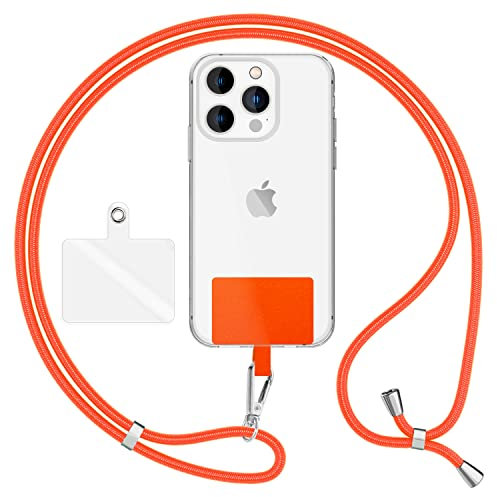 NALIA HoldMe Air Universal-Kette mit Pad, Band für Handy-Hülle zum Umhängen, Karabinerhaken aus Metall (silber), Schlüsselband Umhängeband 160 CM, Crossbody Lanyard mit Schlaufe, Farbe:Orange