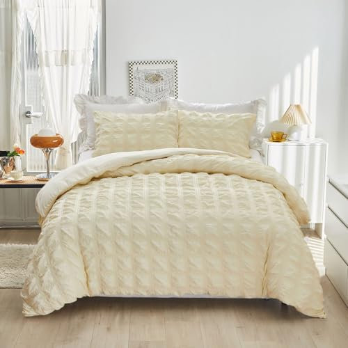 YASMENG Seersucker Bettwäsche 200x200 Beige Gelb Kariert Bettbezug Set Kuschelig Weich Atmungsaktiv Mikrofaser Bettwäsche Modern Bettwäsche 3 Teilig mit Reißverschluss und 2 Kissenbezüge 80x80 cm