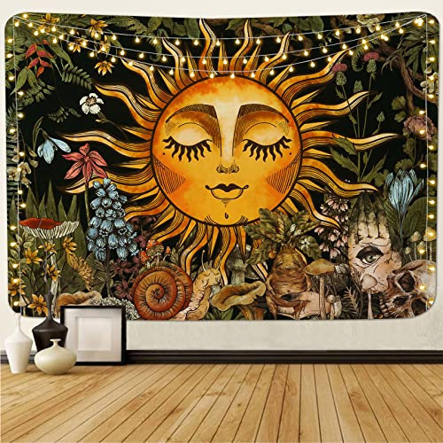 Alishomtll Brennende Sonne Wandteppich Vintage Garten Floral Wandbehang Frühling Mystic Pflanzen Blumen Tapisserie Schnecke Schädel Wandtuch Hippie Wandkunst für Schlafzimmer Wohnzimmer 210x150cm
