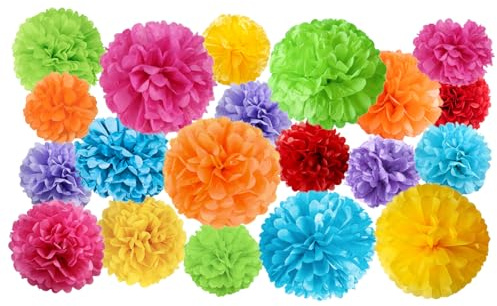 20 Pcs Paper Pom Poms Kit, Tissue Paper Flowers for Birthday, Party, Fiesta, Classroom, Playroom Festive Decorations (Multicolor, Assorted Sizes)