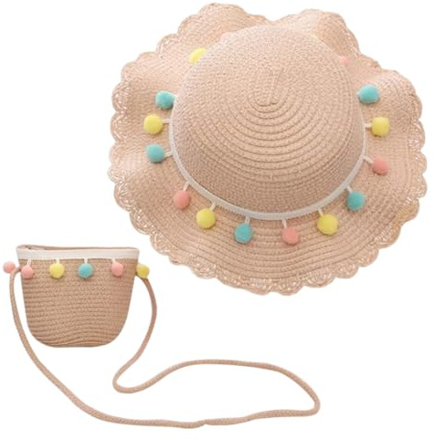 REYOK Cappello da Spiaggia Estivo e Mini di Borse Set,Cappello da Sole per Bambina,Cappello da Sole per Esterni per Ragazze per I Bambini Turismo Vacanze Spiaggia attività All'Aperto(Rosa)
